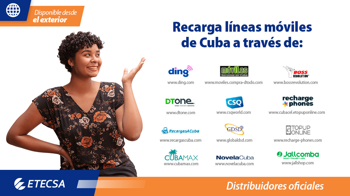 Distribuidores oficiales para recargar líneas móviles en Cuba desde el exterior (Imagen tomada de la cuenta en X de ETECSA).