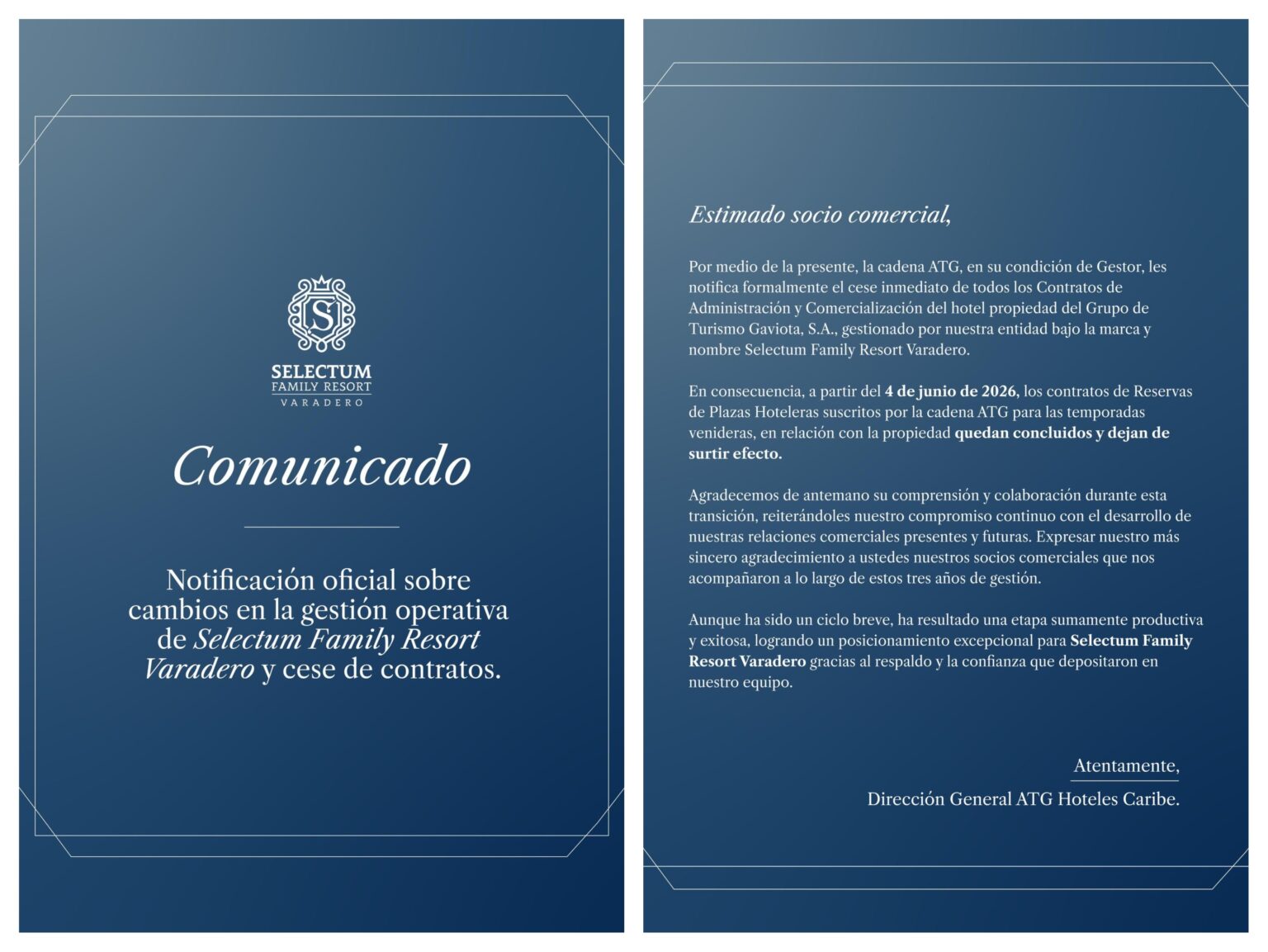 Comunicado tomado de la página de Instagram del Selectum Family Resort Varadero).