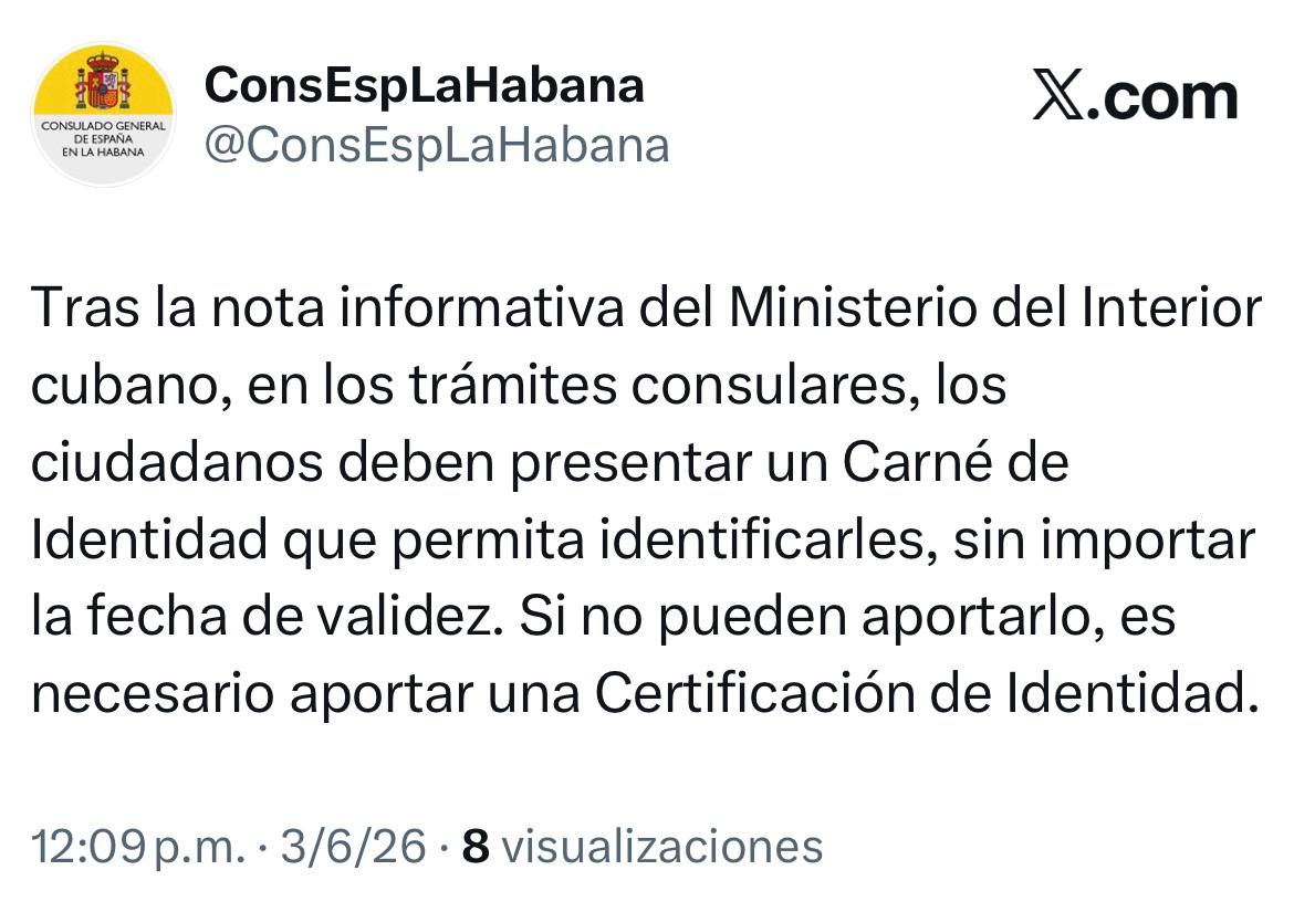 Información del Consulado de España en La Habana (Tomado de la red social X).
