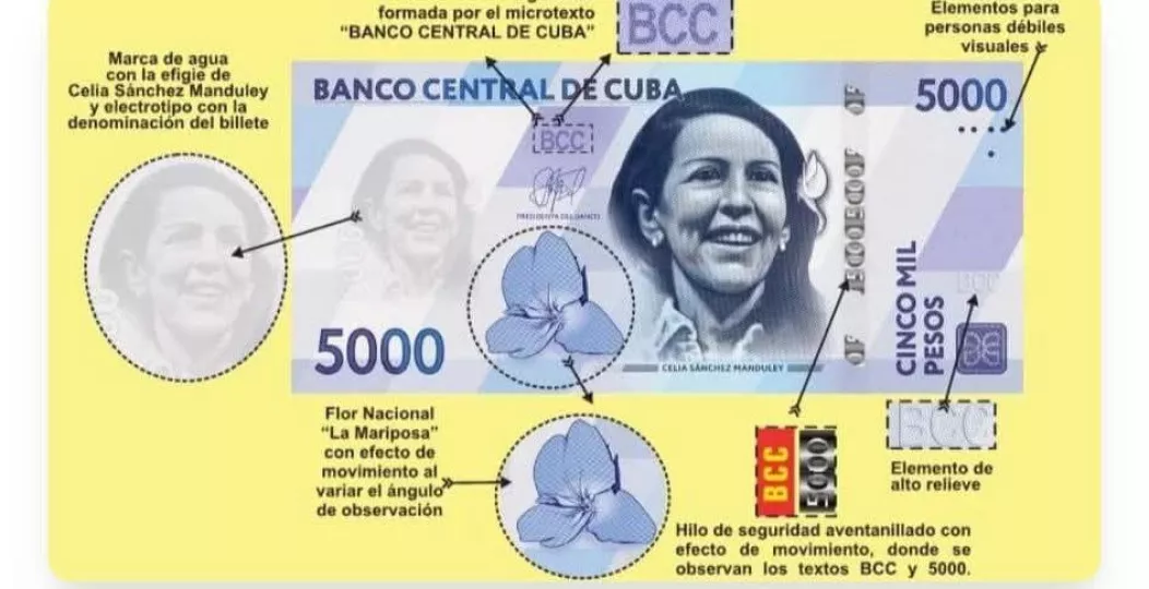 Representación de los nuevos billetes de alta denominación en Cuba, de 2 mil y 5 mil pesos, destacando sus medidas de seguridad y el diseño de patriotas femeninas.