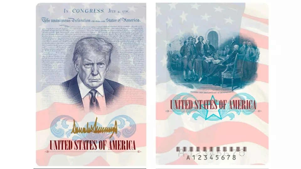 Pasaportes conmemorativos de edición limitada con la imagen del presidente Trump para celebrar el 250.º aniversario de los Estados Unidos.