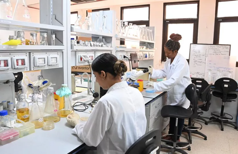 Investigadores médicos trabajando en el desarrollo del medicamento Jusvinza en un laboratorio de Cuba.