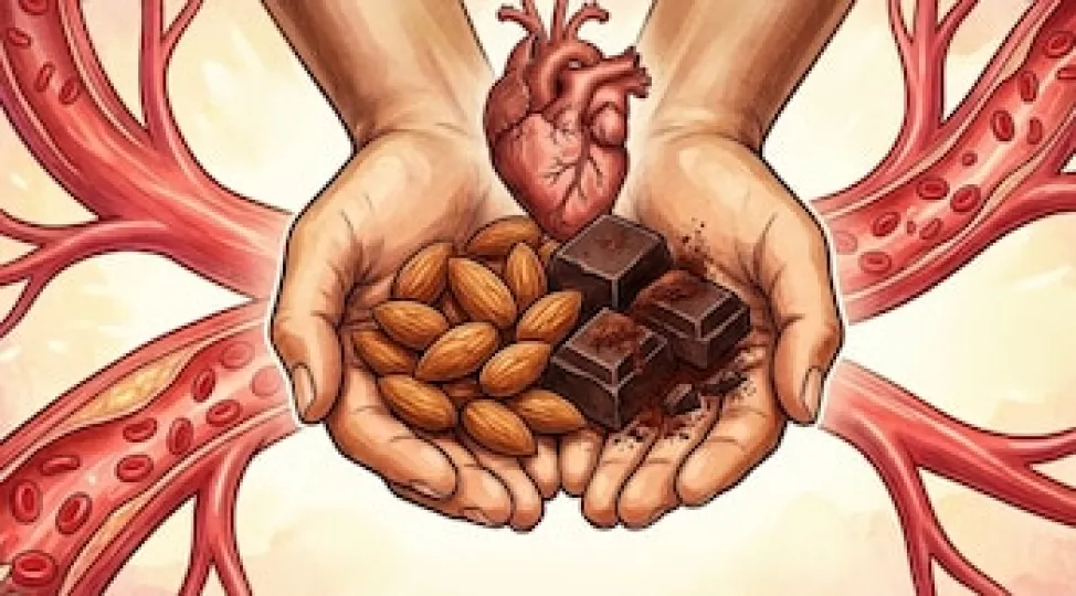 Imagen de almendras y chocolate negro, representando una opción saludable para el corazón.
