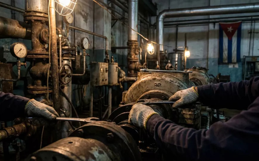 Personal técnico trabajando en labores de mantenimiento de una termoeléctrica cubana bajo condiciones de crisis energética.