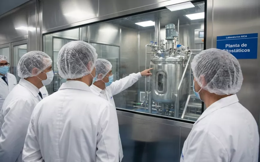 Autoridades cubanas durante una visita a la planta de citostáticos de Laboratorios AICA tras su reinicio de operaciones.