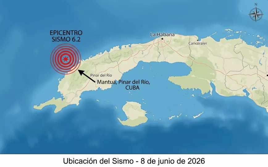 Mapa que ilustra la ubicación del epicentro del sismo ocurrido al noroeste de Mantua, Pinar del Río, el 8 de junio de 2026.