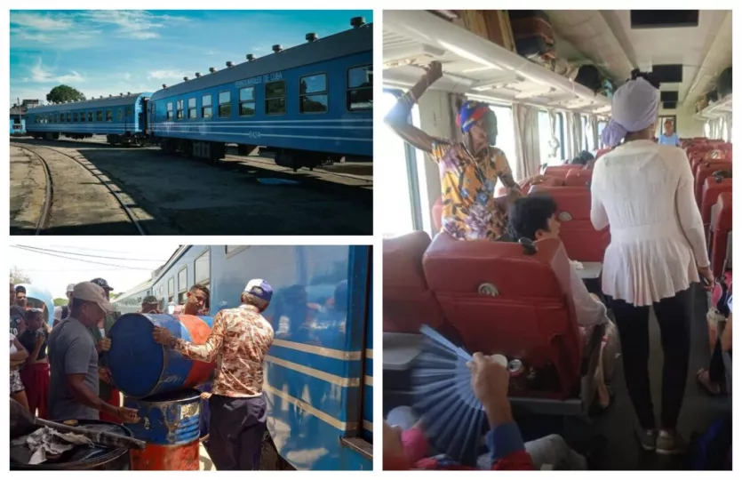 Vista del tren detenido en la localidad de Guamo con pasajeros a bordo mientras se investiga el robo de combustible.