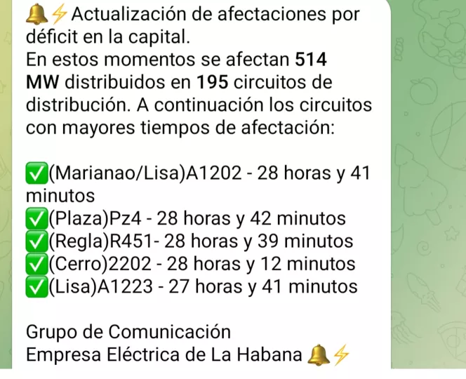 Nueva distribución de afectación por apagones en La Habana