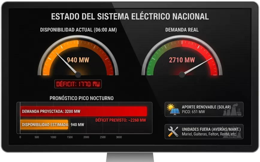 Infografía sobre el estado del sistema eléctrico nacional con gráficos de demanda y disponibilidad.