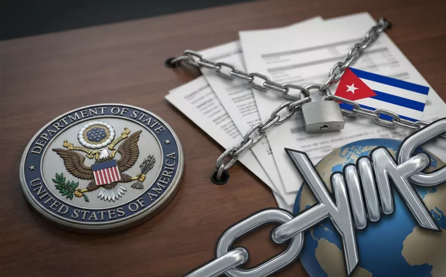 Sello del Departamento de Estado de Estados Unidos junto a una representación simbólica de las sanciones económicas.