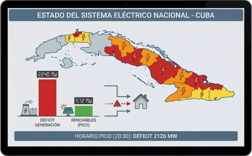 Infografía o gráfico informativo sobre el estado del sistema eléctrico en Cuba.