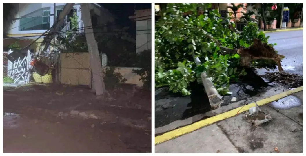 Escenas de destrucción en las calles de Varadero tras el paso de un tornado con escombros y árboles caídos.