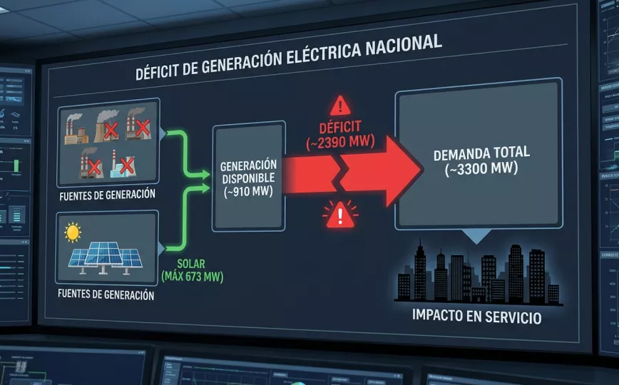 Infografía técnica sobre el déficit de generación del sistema eléctrico nacional.