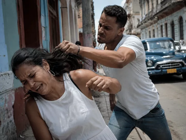 Una representación gráfica de una mujer con el cabello largo en un entorno urbano.