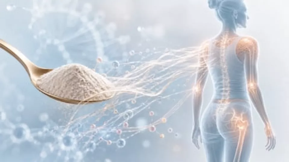 Representación gráfica de suplementos de colágeno junto a elementos que simbolizan la salud de la piel y las articulaciones.