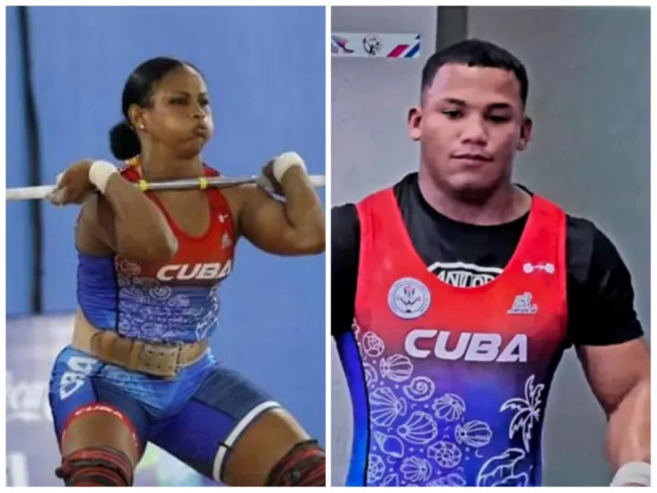 Collage de fotografías que muestra a deportistas de levantamiento de pesas en competencia.