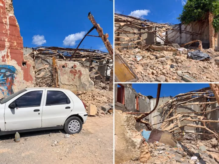 Vista de los escombros y la estructura dañada de un edificio en Centro Habana tras un derrumbe parcial.
