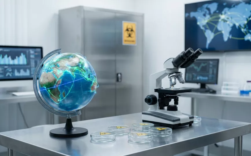 Representación simbólica de vigilancia sanitaria internacional y laboratorios de investigación de patógenos.