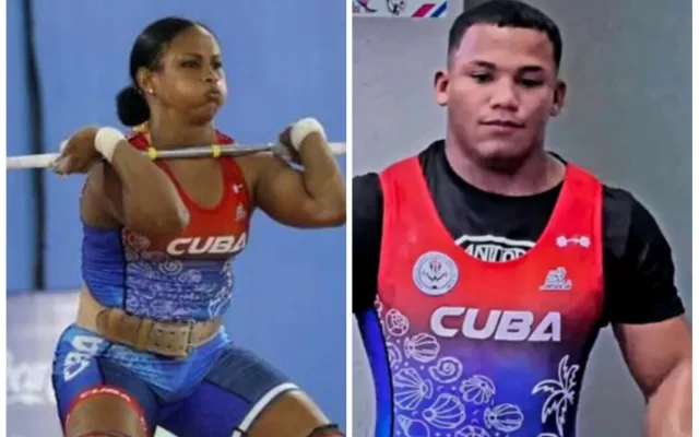 Collage de fotografías que muestra a deportistas de levantamiento de pesas en competencia.