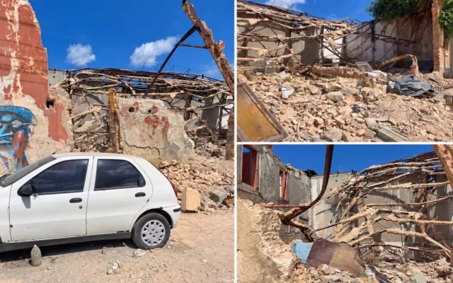 Vista de los escombros y la estructura dañada de un edificio en Centro Habana tras un derrumbe parcial.