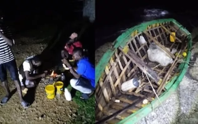 Embarcación precaria encallada en la costa tras el rescate de los pescadores haitianos.